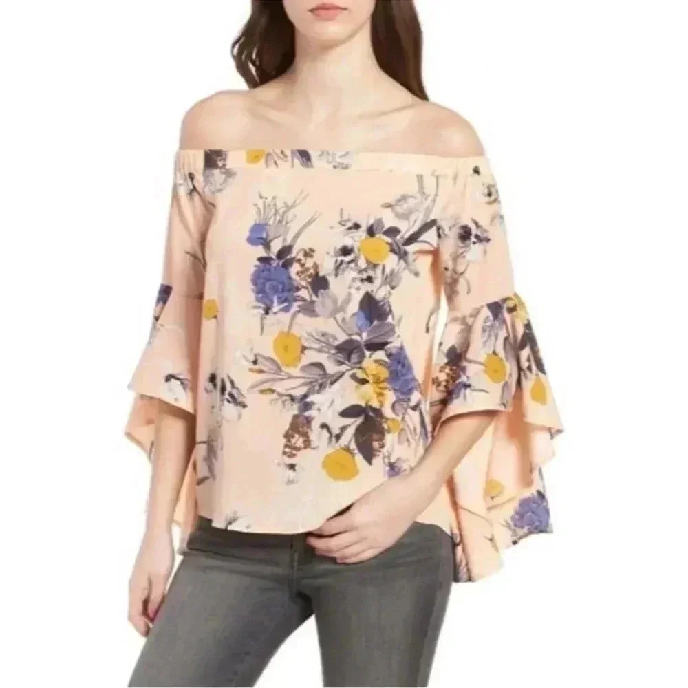 Chelsea 28 Floral Bell Sleeve Off The Shoulder Top Size M